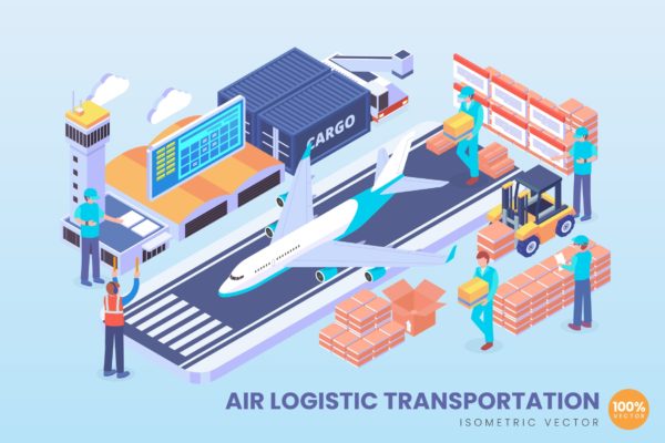 航空物流主题等距矢量科技蚂蚁素材精选概念插画v1 Isometric Air Logistic Vector Concept