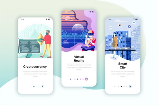 加密货币/智能城市/虚拟现实主题第一素材精选概念插画APP启动页设计模板 Instagram Stories Onboarding Screens Mobile App