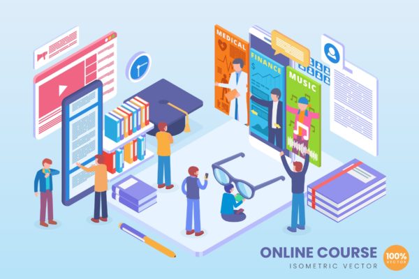 在线课程教育主题等距矢量第一素材精选科技概念插画 Isometric Online Course Education Vector Concept