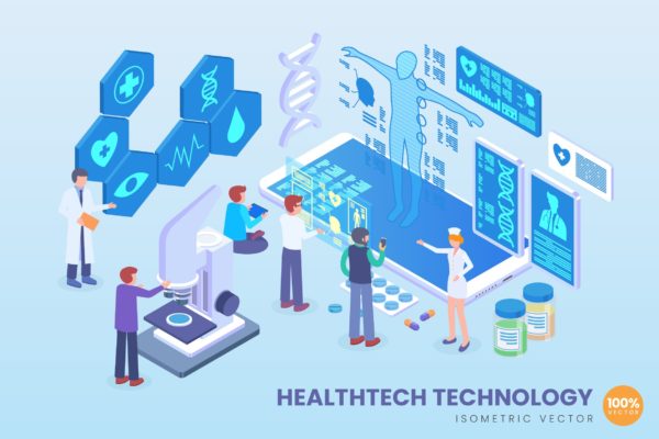 现代健康检测技术等距矢量蚂蚁素材精选科技概念插画 Isometric Healthtech Technology Vector Concept
