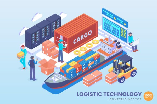 智能物流技术等距矢量科技第一素材精选概念插画v2 Isometric Logistic Technology Vector Concept