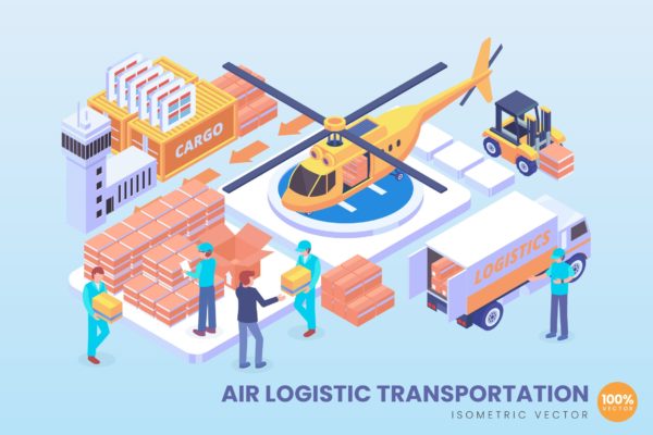 航空物流主题等距矢量科技蚂蚁素材精选概念插画v2 Isometric Air Logistic Vector Concept