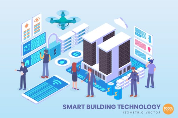 智能建筑技术等距矢量科技第一素材精选概念插画v2 Isometric Smart Building Technology Vector Concept