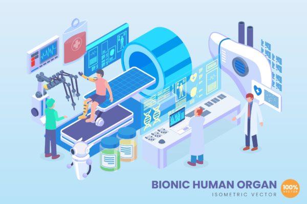 仿生人体器官主题等距矢量科技蚂蚁素材精选概念插画v2 Isometric Bionic Human Organ Vector Concept