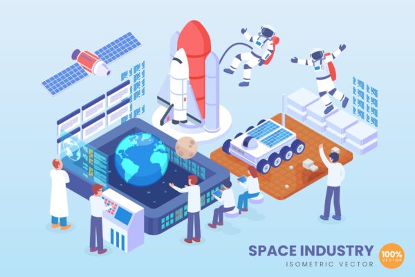 太空工业主题等距矢量科技第一素材精选概念插画v1 Isometric Space Industry Vector Concept