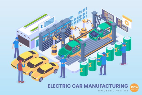 电动车制造技术等距矢量科技蚂蚁素材精选概念插画v1 Isometric Electric Car Manufacturing Vector
