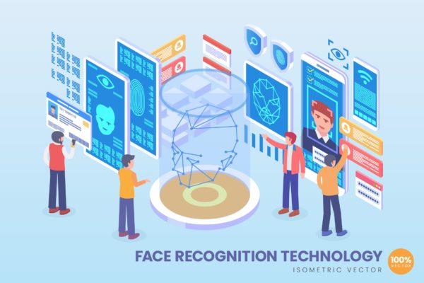 人脸识别技术等距矢量科技蚂蚁素材精选概念插画v1 Isometric Face Recognition Technology Vector