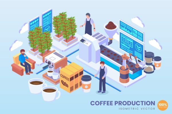 现代咖啡一体化生产技术等距矢量科技第一素材精选概念插画 Isometric Coffee Production Vector Concept