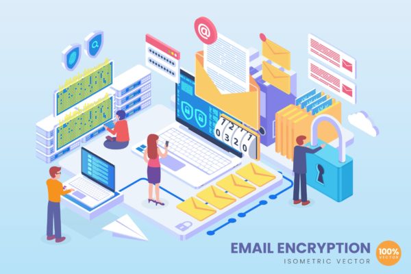 电子邮件加密技术等距矢量科技第一素材精选概念插画 Isometric Email Encryption Technology Vector