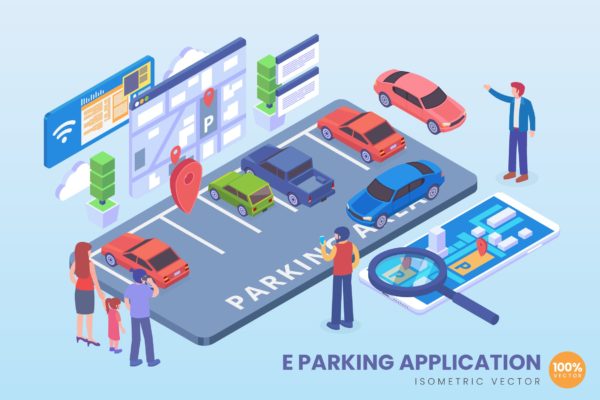 创新停车应用等距矢量第一素材精选科技概念插画 Isometric E Parking Application Vector Concept