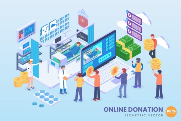 在线捐赠主题等距矢量第一素材精选科技概念插画 Isometric Online Donation Vector Concept