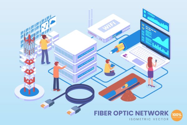光纤网络主题等距矢量蚂蚁素材精选科技概念插画 Isometric Fiber Optic Network Vector Concept