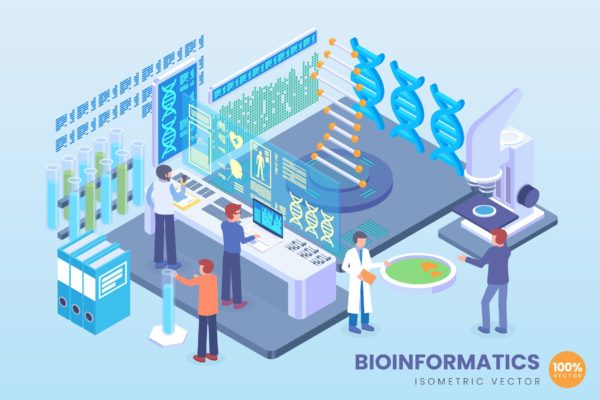 生物信息技术等距矢量第一素材精选科技概念插画 Isometric Bioinformatics Technology Vector Concept
