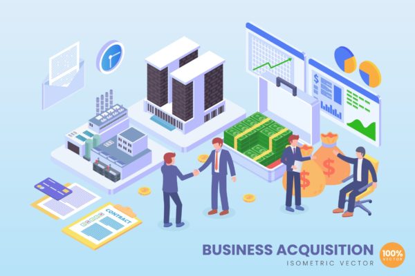 商业收购主题等距矢量第一素材精选科技概念插画 Isometric Business Acquisition Technology Vector