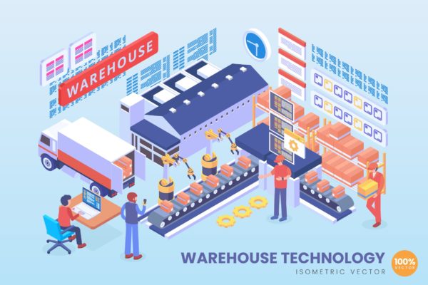 现代仓库管理技术等距矢量第一素材精选科技概念插画 Isometric Warehouse Technology Vector Concept