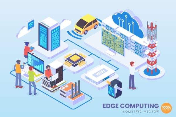 边缘计算技术等距矢量第一素材精选科技概念插画 Isometric Edge Computing Technology Vector Concept