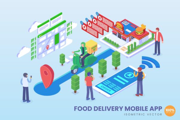 新型快餐配送技术等距矢量科技第一素材精选概念插画v2 Isometric Food Delivery Vector Concept
