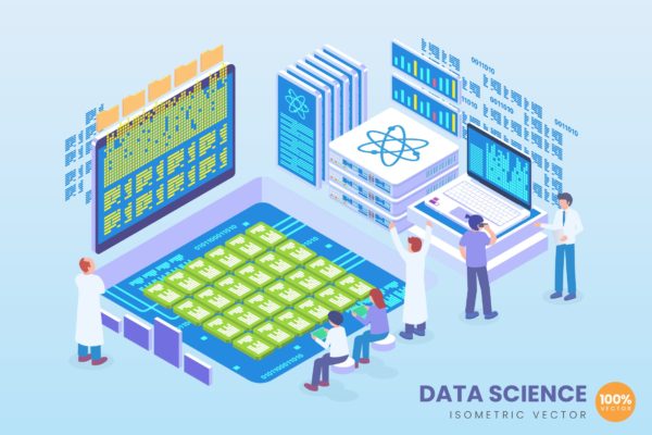 数据科学等距矢量科技插画v2 Isometric Data Science Vector Concept
