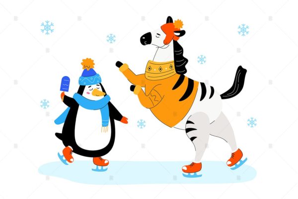 滑冰的斑马和企鹅扁平化矢量插画素材 Zebra and penguin skating – flat illustration