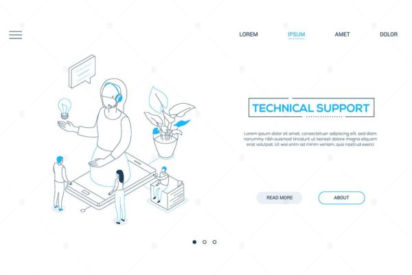 技术支持主题网站Banner设计线性矢量插画素材 Technical support – linear isometric web banner