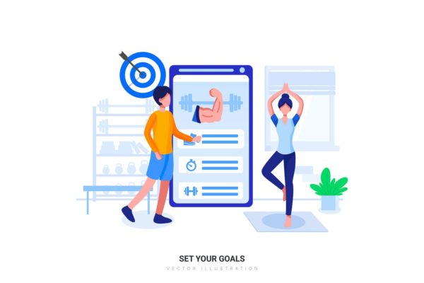 健身训练APP应用扁平化矢量插画素材 Fitness training app Flat Illustration concept