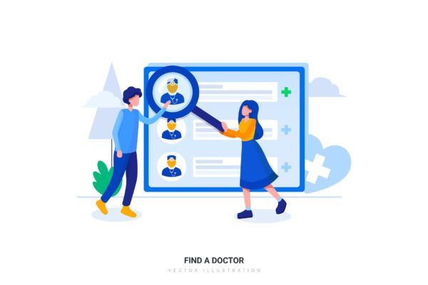 网上找医生业务场景扁平化矢量插画素材 Find a Doctor Flat Illustration concept