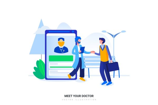 医患会面业务场景扁平化矢量插画素材 Meet your Doctor Flat Illustration concept