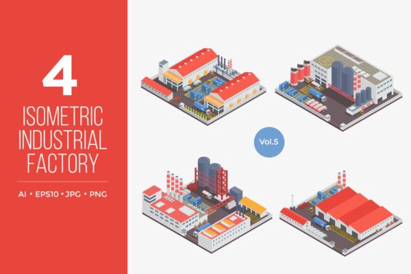 工业工厂等距矢量图形v5 Isometric Industrial Factory Vector Set 5