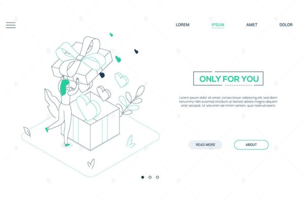 生日礼物主题线条艺术设计风格网站Banner设计插画素材 Only for you – line design style isometric web ban