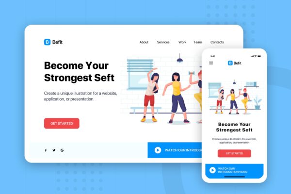 健身运动主题网站Banner＆着陆页设计插画素材 Befit – Banner & Landing Page