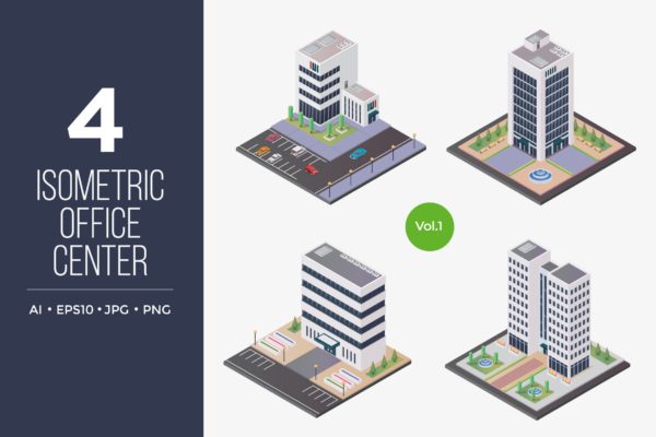 CBD办公大楼等距矢量图形v1 Isometric Office Center Vector Set 1