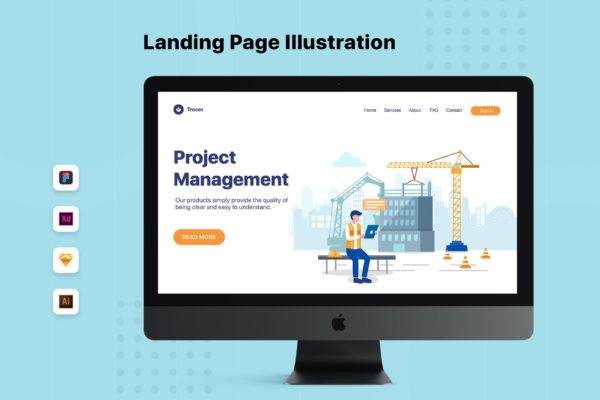 建筑主题网站设计项目管理矢量插画素材 Project Management – Construction Web Header