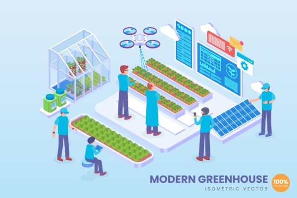 现代温室科技技术主题等距矢量蚂蚁素材精选概念插画素材 Isometric Modern Greenhouse Technology Vector