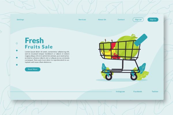 蔬果市场网站设计矢量插画素材 Fresh Fruit Sale – Web Header & Landing Page GR