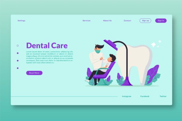 牙科保健网站设计矢量插画素材 Dental Care – Web Header & Landing Page GR