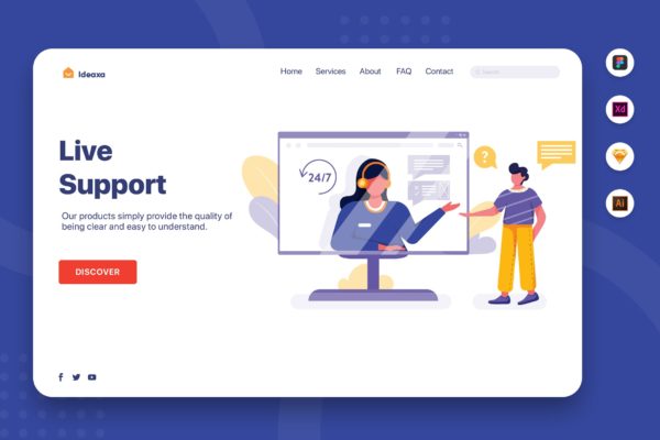 在线客服主题网站设计矢量插画素材 Live Support – Corporate Web Header