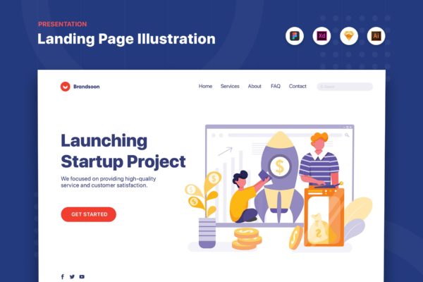 项目启动主题网站设计矢量插画素材 Launching Startup Project – Corporate Web Header