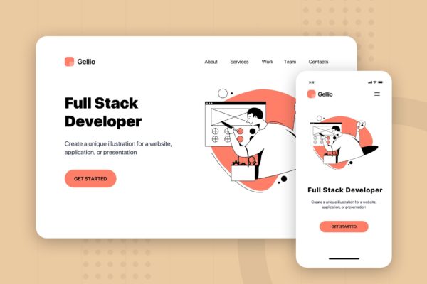 全栈工程师主题网站Banner&着陆页设计矢量插画 Full Stack Developer – Banner & Landing Page