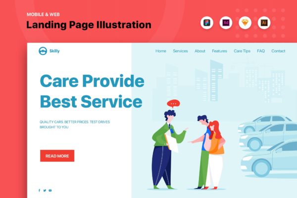 汽车销售咨询服务网站设计矢量插画素材 Salesman talking to a young couple at the Showroom