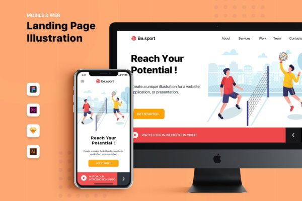 排球运动主题网站Banner&着陆页设计插画素材 Be.Sport – Banner & Landing Page