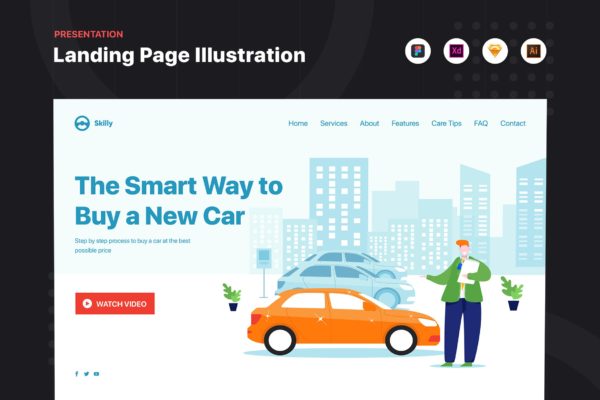 汽车经销商销售方案网站设计矢量插画素材 Successful businessman in a car dealership