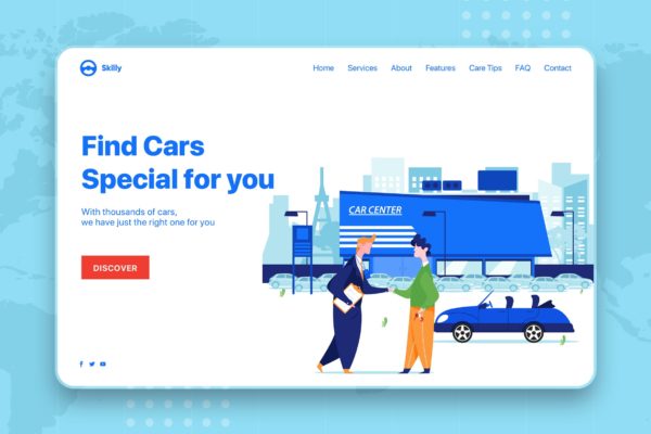 汽车销售中心网站设计矢量插画素材 Cars Dealership Center Showroom Interior