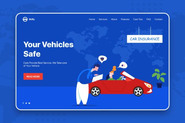 汽车售后服务主题网站设计矢量插画素材 Young woman is talking to car insurance salesman