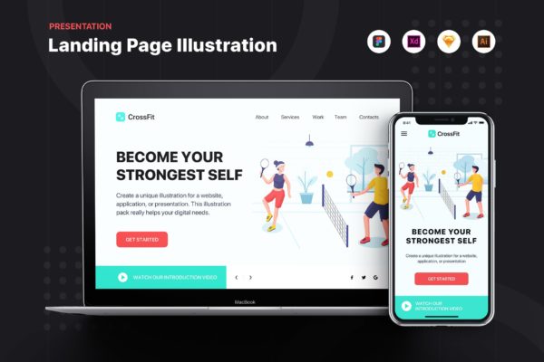 网球训练主题网站Banner&着陆页设计插画素材 CrossFit – Banner & Landing Page
