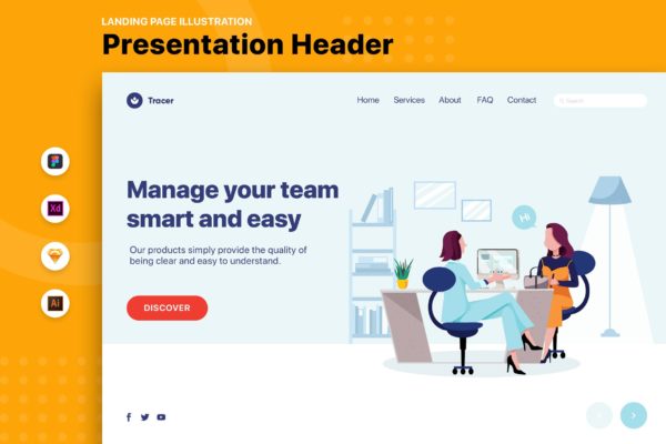 客户洽谈场景网页Banner&着陆页设计矢量插画 Business Woman and Client in Office Landing Page