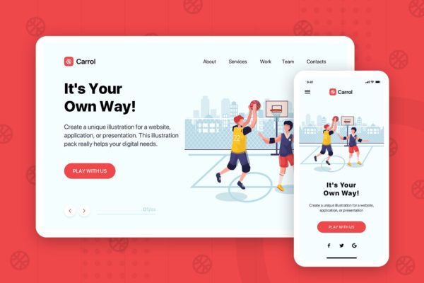 篮球运动主题网站Banner&着陆页设计插画素材 Carrol – Banner & Landing Page