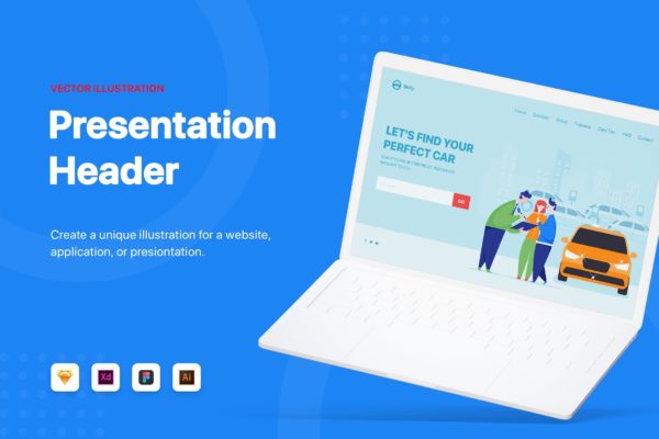 汽车现场售卖场景网站设计矢量插画素材 Car dealer explaining sales contract to couple