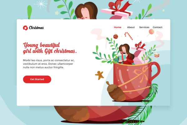 网站着陆页设计圣诞节主题女孩矢量插画素材v2 Merry Christmas Beautiful Girl web Landing Page