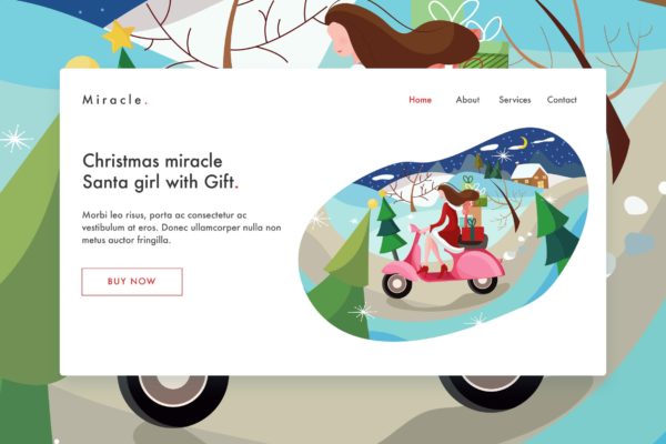 圣诞节礼物主题网站设计矢量插画素材v1 Santa girl with gift Vector Illustration Landing