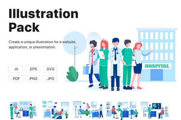 医院&医疗场景矢量插画素材v1 Hospital & Healthcare Vector Scenes